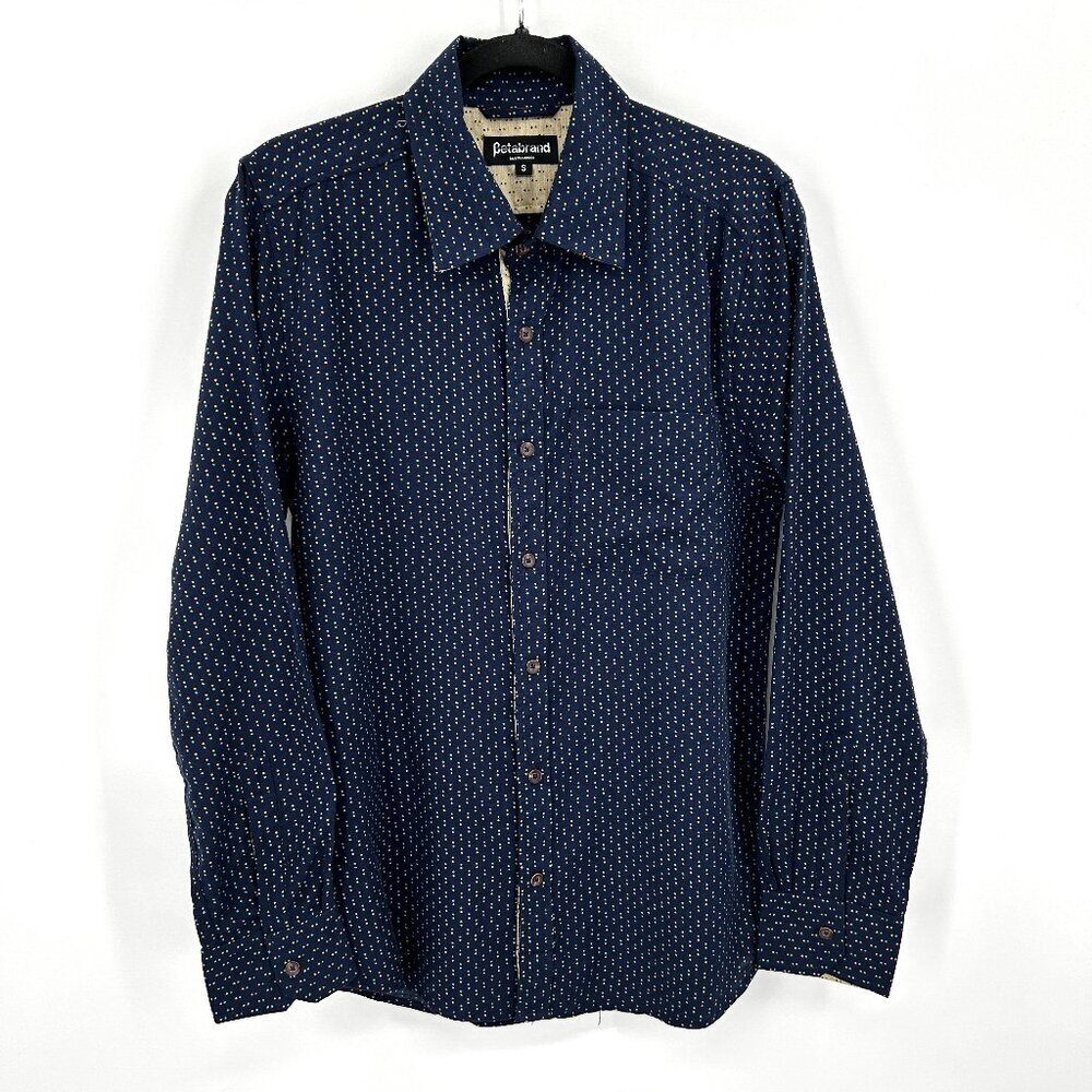BETABRAND Mens Navy Blue Teal Orange Polka Dot Long Sleeve Button Up Shirt Small